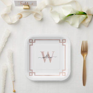 Assiettes En Carton Clé grecque blanche et Rose rose or Monogramme
