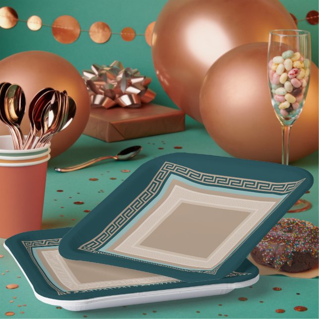 Assiettes En Carton Clé grecque - Meander - Taupe et vert (Multi)