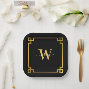Assiettes En Carton Clé grecque noire et or Monogramme
