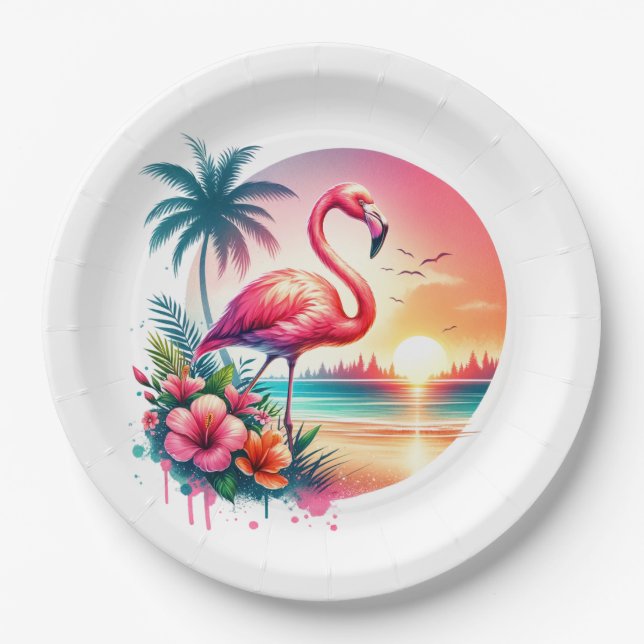 Assiettes En Carton Clipart coucher de soleil Flamant rose rose (Devant)