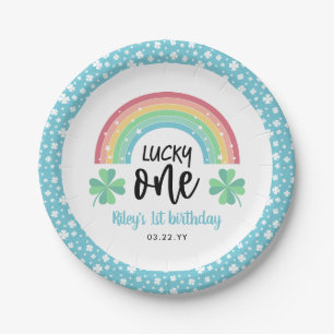 Assiettes En Carton Clocher bleu et arc-en-ciel Lucky One First Birthd