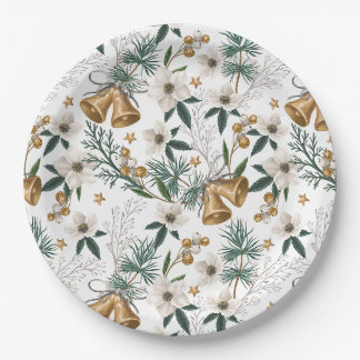 Assiettes En Carton Clochettes dorées élégantes et motif floral blanc