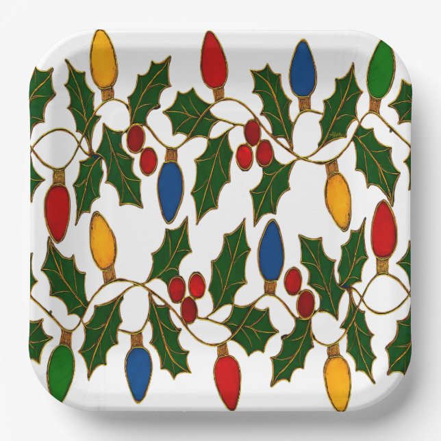 Assiettes En Carton Cloisonne Art Christmas Lights and Holly (Recto)