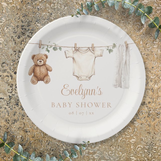 Assiettes En Carton Clothesline mignonne Baby shower neutre genre (Cute Clothesline Gender Neutral Baby Shower Paper Plates)