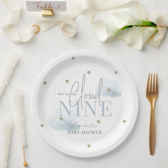 Assiettes En Carton Cloud 9 Blue Clouds & Gold Stars Baby shower garço (Mariage)