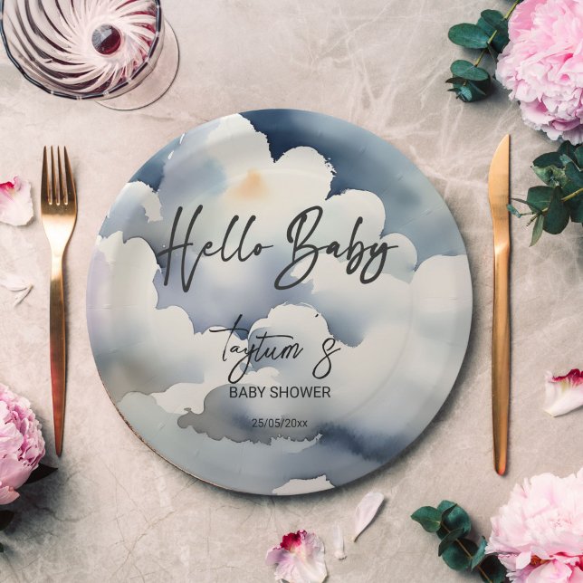 Assiettes En Carton Cloud bonjour bébé baby shower gris nuages modèle (Cloud hello baby baby shower grey clouds template paper plates personalized tableware decor)
