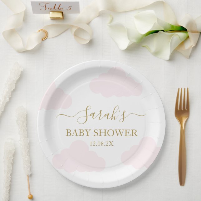 Assiettes En Carton Clouds roses Baby shower fille (Mariage)