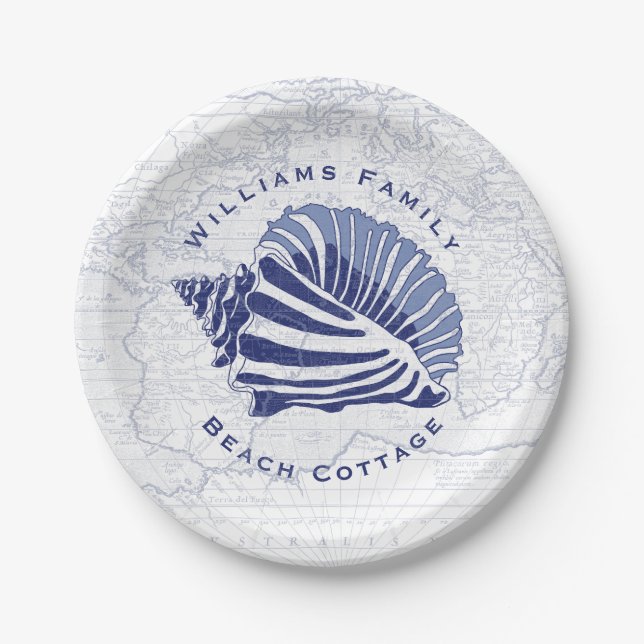Assiettes En Carton Coastal Blue Conch Seashell Nom de famille (Devant)