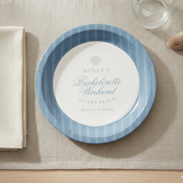 Assiettes En Carton Coastal Blue Stripe Bachelorette (Coastal Blue Stripe Bachelorette Paper Plates)