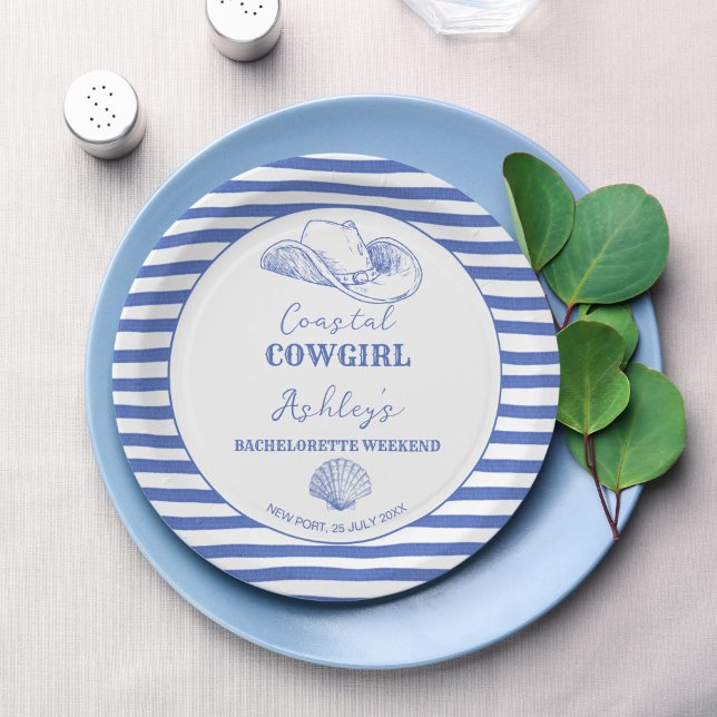 Assiettes En Carton Coastal Cowgirl Bachelorette week-end imprimé (Coastal Cowgirl Bachelorette weekend party personalized printed Paper Plates dusty blue nautical)