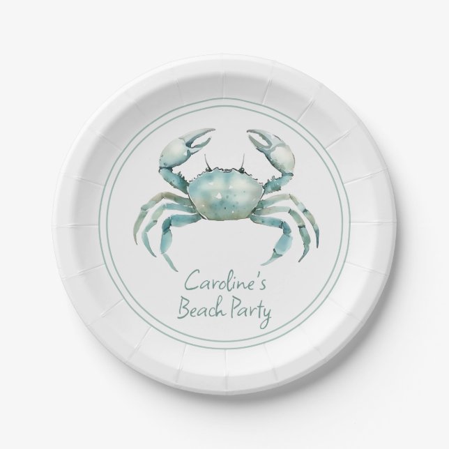 Assiettes En Carton Coastal Watercolor Crab Personalized (Devant)