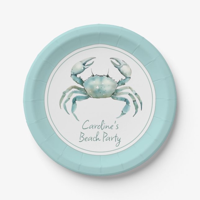 Assiettes En Carton Coastal Watercolor Crab Personalized (Devant)
