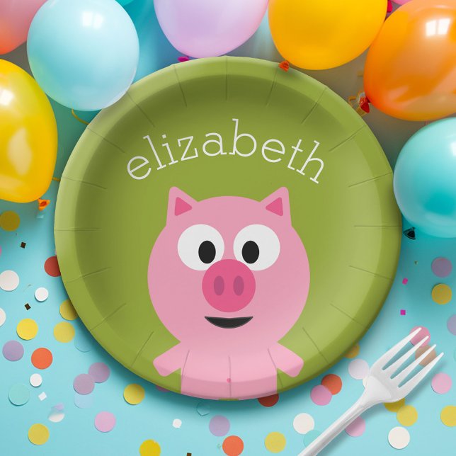Assiettes En Carton Cochon de ferme en caricatures - rose et vert citr (Custom Paper Plate for a Party)