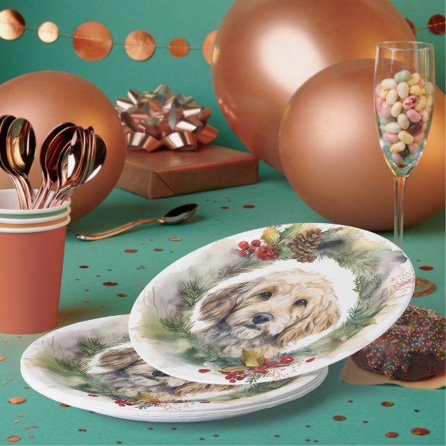 Assiettes En Carton Cockapoo Christmas Wreath Festive Pup (Multi)