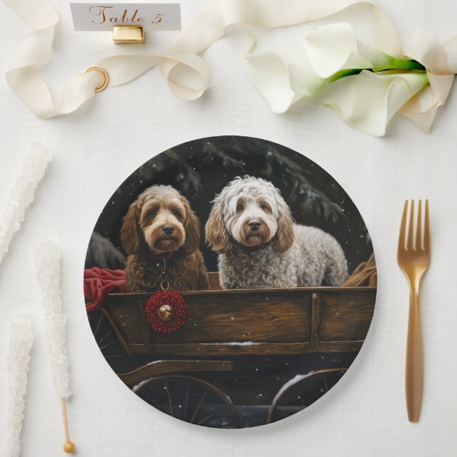 Assiettes En Carton Cockapoo Traîneau enneigé Décor de Noël    (Mariage)