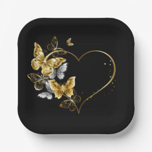 Assiettes En Carton Coeur aux papillons d'or