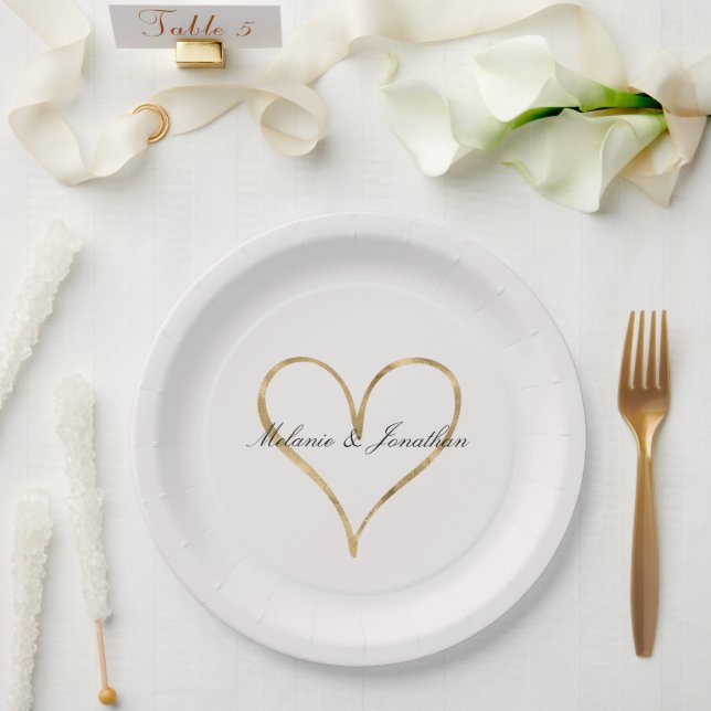 Assiettes En Carton Coeur chic de l'or (Mariage)