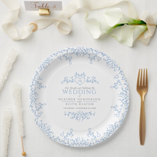 Assiettes En Carton Coeur d'art feuille monogramme bleu mariage (Mariage)