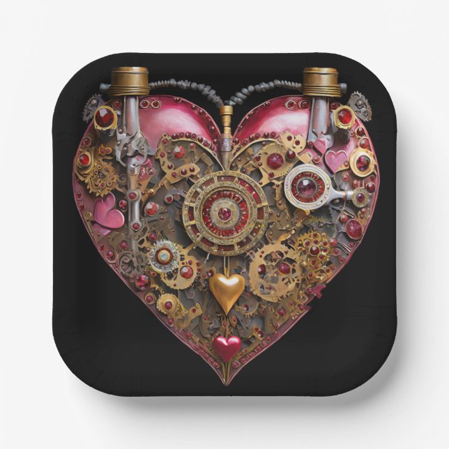 Assiettes En Carton Cœur de Streampunk Rubis Saint-Valentin (Recto)