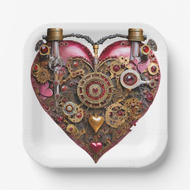 Assiettes En Carton Cœur de Streampunk Rubis Saint-Valentin (Recto)