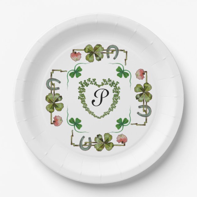 Assiettes En Carton CŒUR DE TRÈFLE, FLEURS, MONOGRAMME FLORAL VERT Bla (Devant)