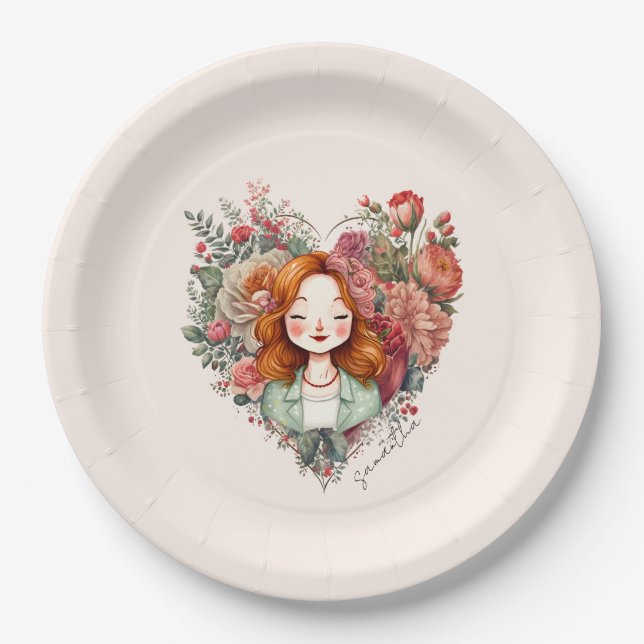 Assiettes En Carton Coeur des fleurs - Femme encadrée dans le coeur fl (Devant)