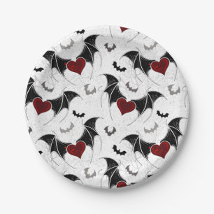Assiettes En Carton Coeur d'Halloween avec ailes de chauve-souris noir