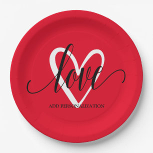 Assiettes En Carton Cœur élégant minimal sur fond rouge