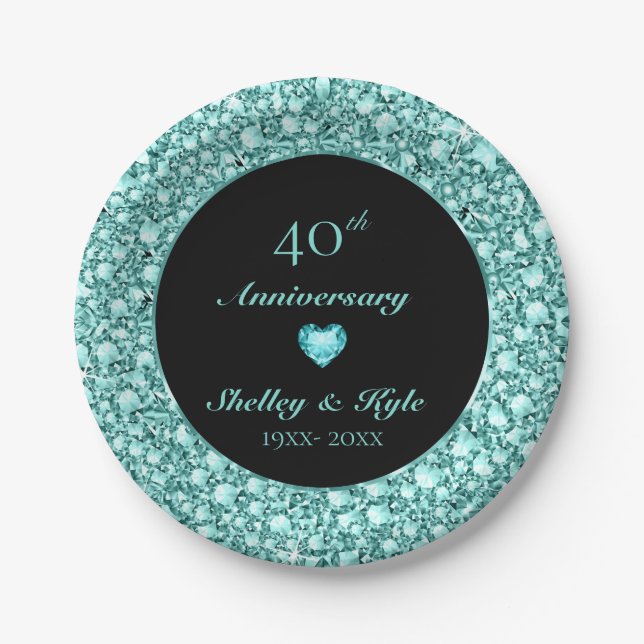 Assiettes En Carton Coeur Et Diamants Turquoise - Anniversaire (Devant)