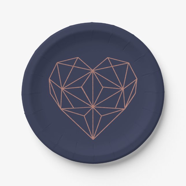 Assiettes En Carton Coeur géométrique Chic Navy Blue et Rose Gold Foil (Devant)