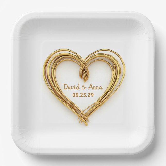 Assiettes En Carton Coeur mariage Gold câblé sur blanc (Recto)