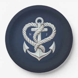 Assiettes En Carton Cœur Naution Corde Ancre Mariage Naval Côté