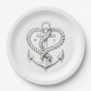 Assiettes En Carton Cœur nautique corde ancre mariage côtier