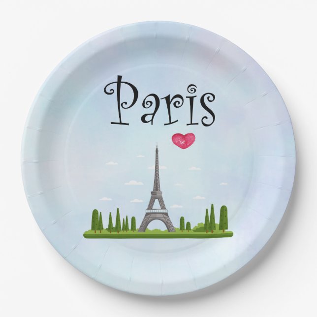 Assiettes En Carton Coeur Paris avec la Tour Eiffel (Devant)