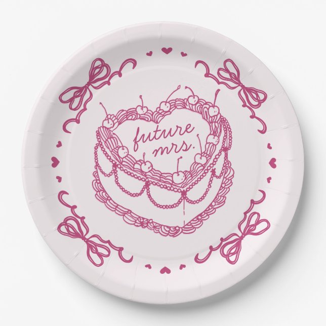 Assiettes En Carton Cœur Rétro Rose Coquette Gâteau Cerise Mariage Sho (Devant)