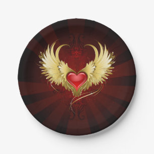 Assiettes En Carton Coeur rouge avec ailes d'or