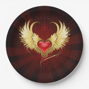 Assiettes En Carton Coeur rouge avec ailes d'or