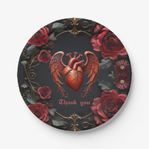 Assiettes En Carton Coeur rouge gothique avec Rose - Romantique foncé
