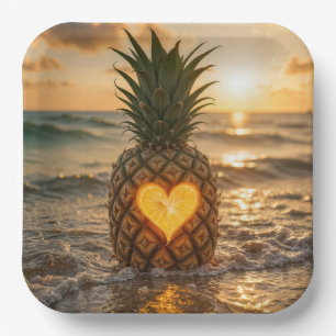 Assiettes En Carton Cœur sculpté dans un ananas sur une plage