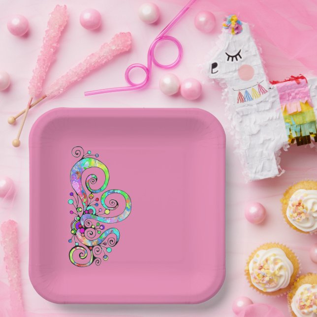 Assiettes En Carton Coeur spiral Peint à la main 1 (Fête)