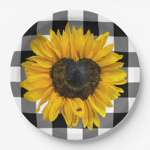 Assiettes En Carton Coeur Tournesol Ladybug sur Buffalo Plaid