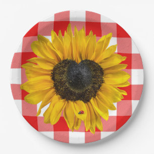 Assiettes En Carton Coeur Tournesol Ladybug sur Buffalo Plaid
