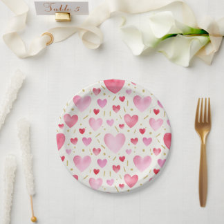Assiettes En Carton Cœurs aquarelles romantiques et confettis paillett