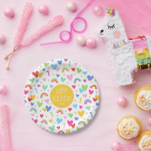 Assiettes En Carton Coeurs arc-en-ciel 1er anniversaire Nom de fête Ja