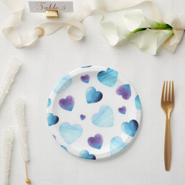 Assiettes En Carton Cœurs Bleus (Mariage)