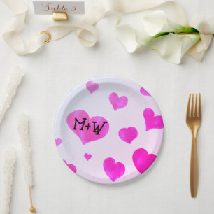 Assiettes En Carton Coeurs d'aquarelle rose Personnalisé Nom de couple