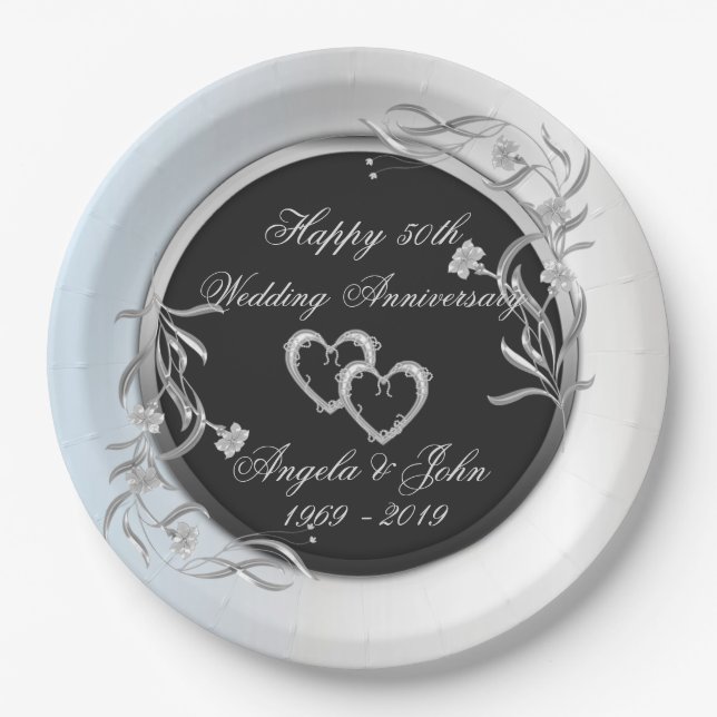 Assiettes En Carton Coeurs d'argent, Anniversaire du Mariage floral (Devant)