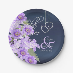 Assiettes En Carton Coeurs d'argent sur Lavender & Navy Satin