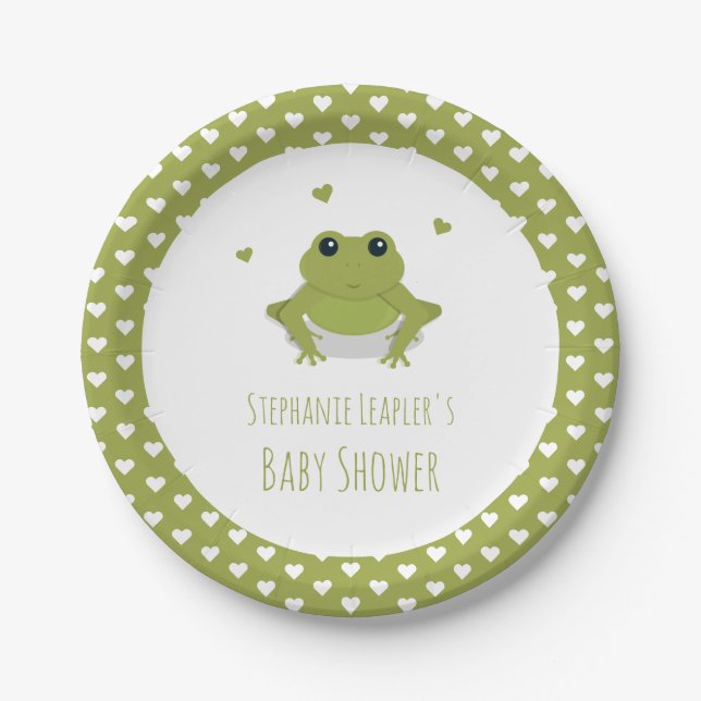 Assiettes En Carton Coeurs de grenouille verte Nom Baby shower (Devant)