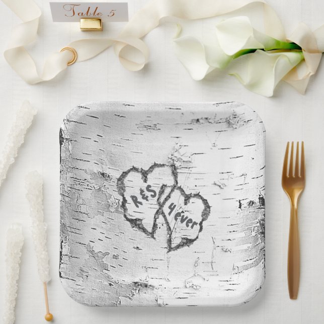 Assiettes En Carton Coeurs de l'écorce de bouleau Initiales (Mariage)